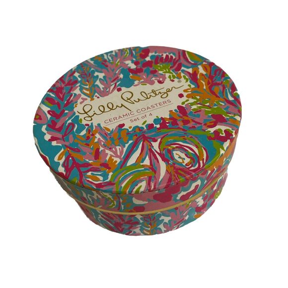 4 Lilly Pulitzer Multicolor  Ceramic Coasters with Floral Gold Trim 3 3/4” - Picture 2 of 3